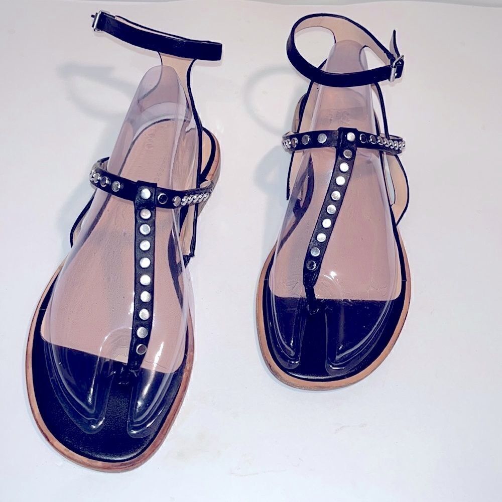 GH Bass black leather thong  ankle strap sandals with metal grommets